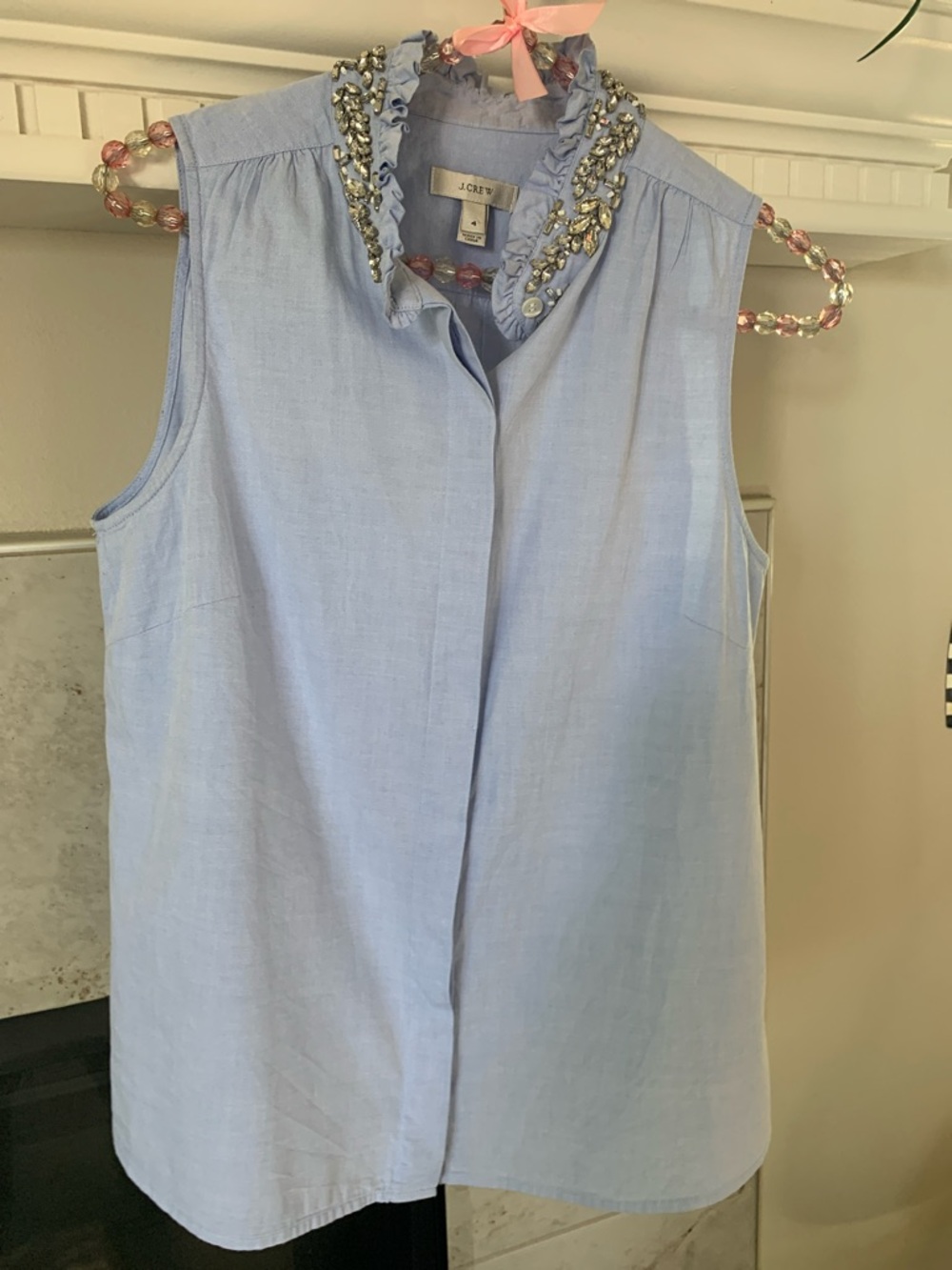 J. Crew Light Blue Sleeveless Embellished Rhinestone Ruffle-Collar Size 4